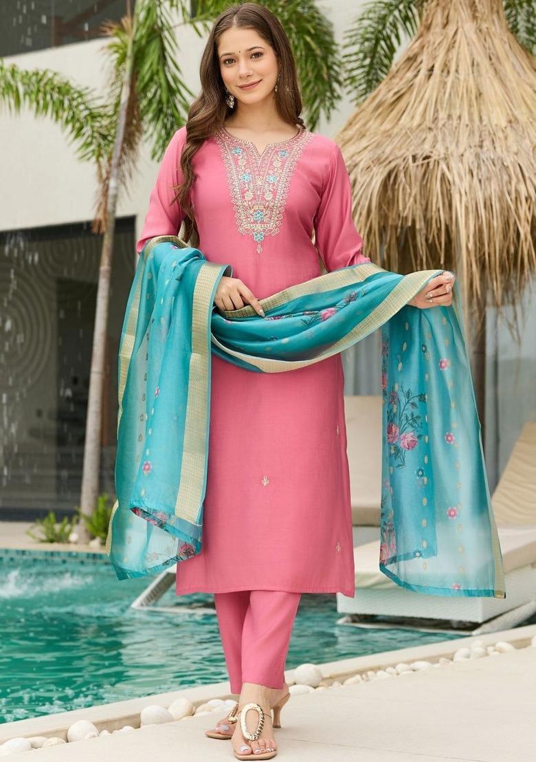 Pink Embroidered Viscose Kurta Set - Indya