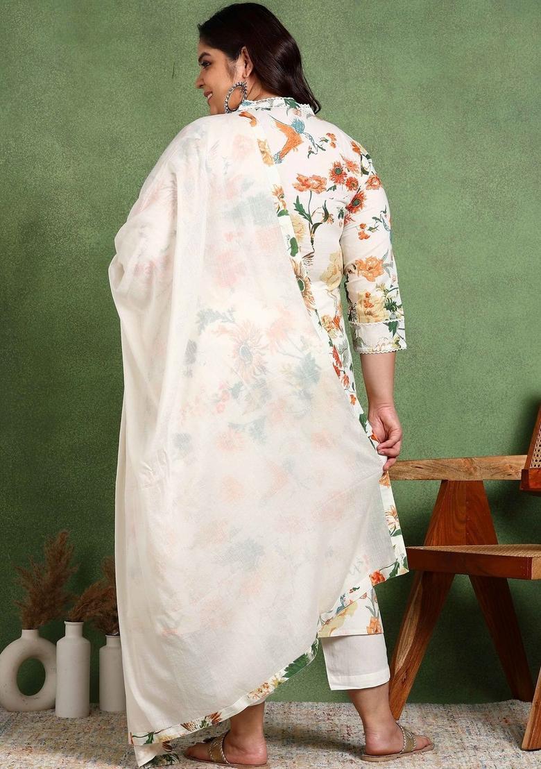 Off White Printed Cotton Kurta Set - Indya