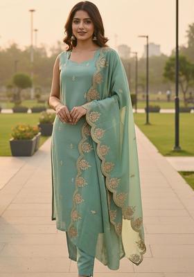 Sea Green Embroidered Silk Kurta Set