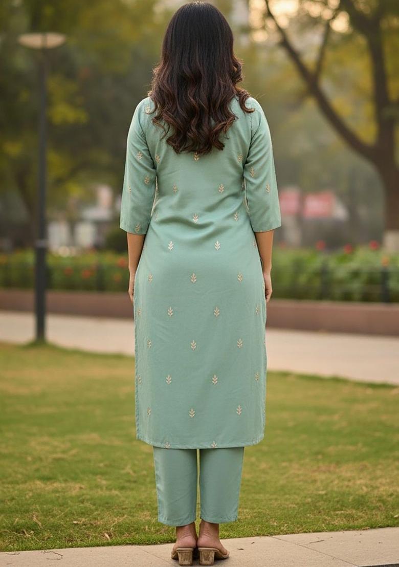 Sea Green Embroidered Silk Kurta Set - Indya