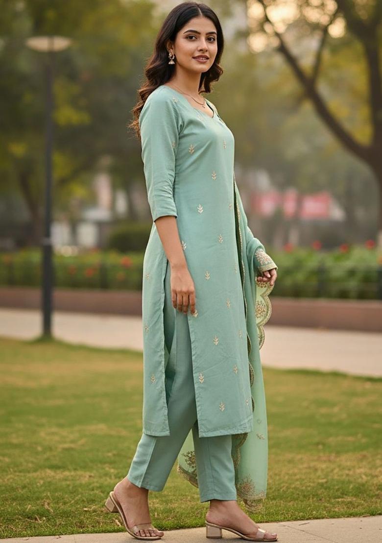 Sea Green Embroidered Silk Kurta Set - Indya