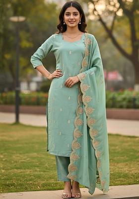 Sea Green Embroidered Silk Kurta Set