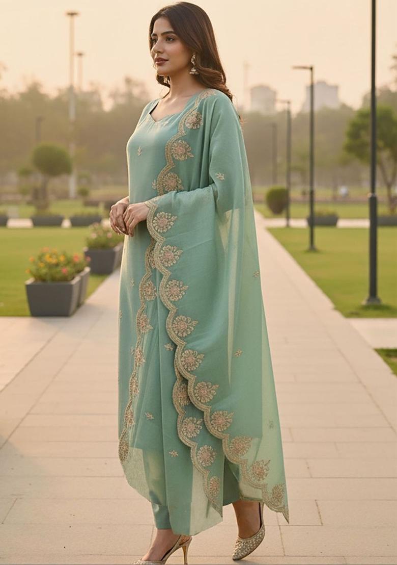 Sea Green Embroidered Silk Kurta Set - Indya