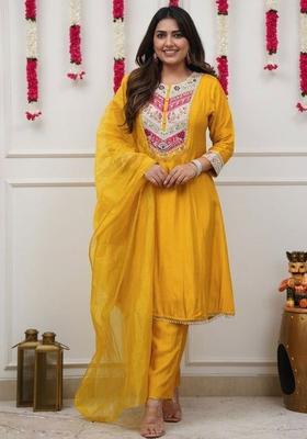Yellow Embroidered Silk Kurta Set