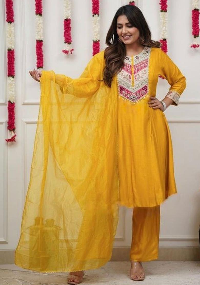 Yellow Embroidered Silk Kurta Set - Indya