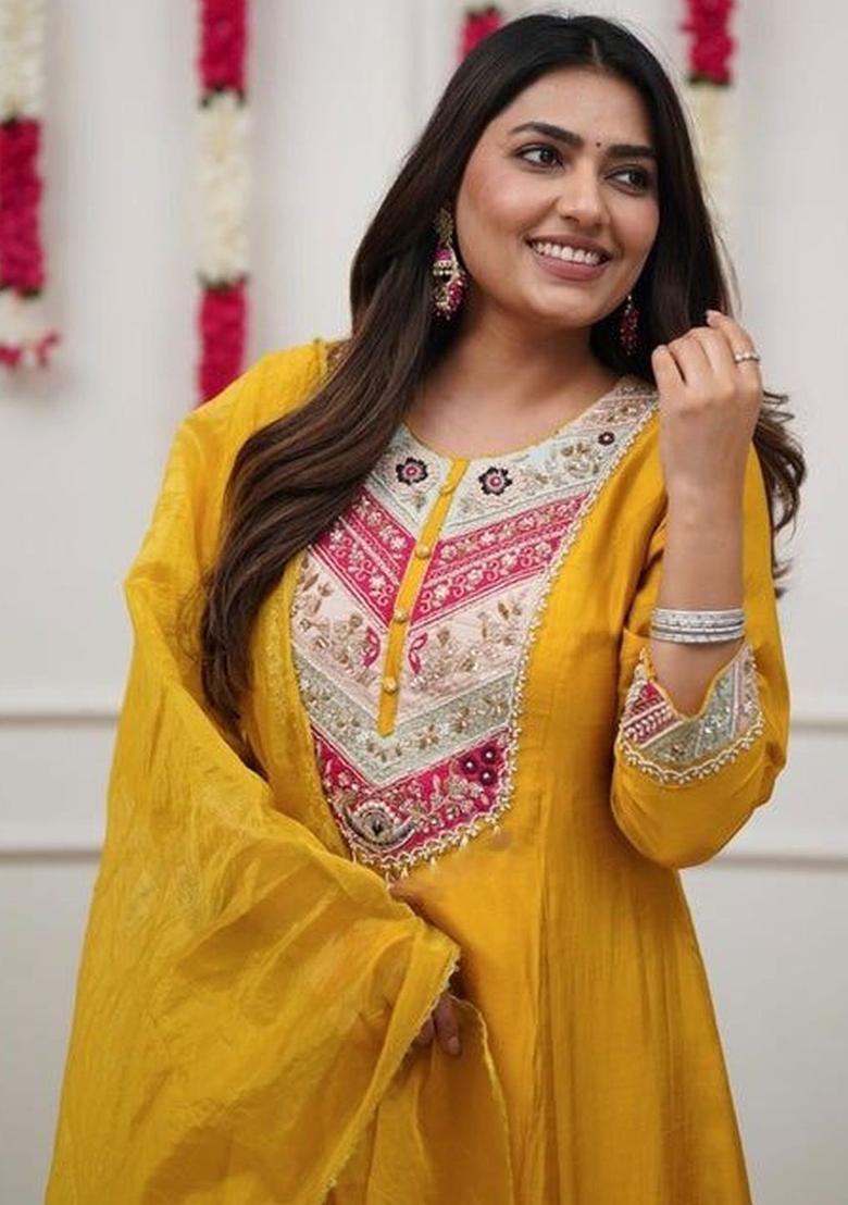 Yellow Embroidered Silk Kurta Set - Indya