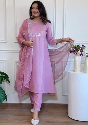 Lavender Embroidered Silk Kurta Set