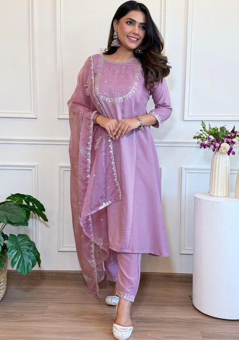 Lavender Embroidered Silk Kurta Set - Indya