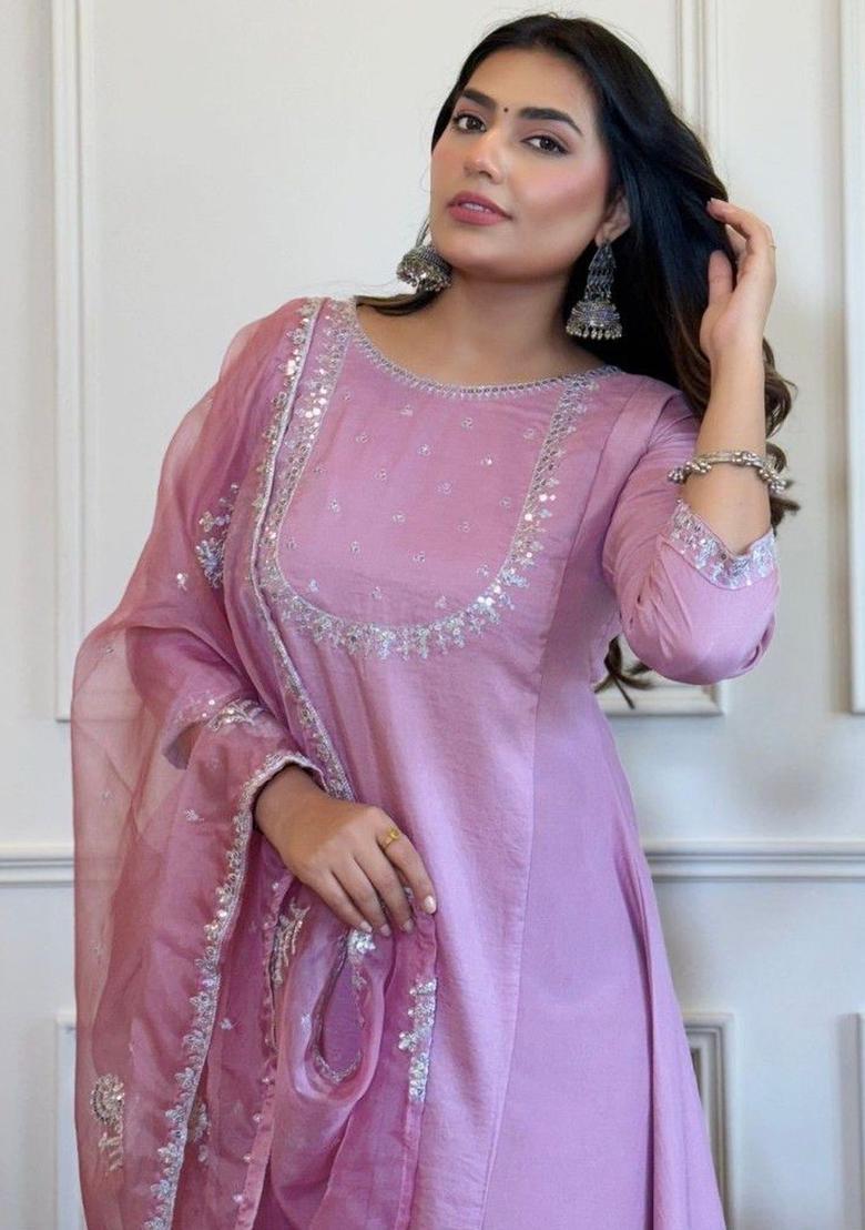Lavender Embroidered Silk Kurta Set - Indya