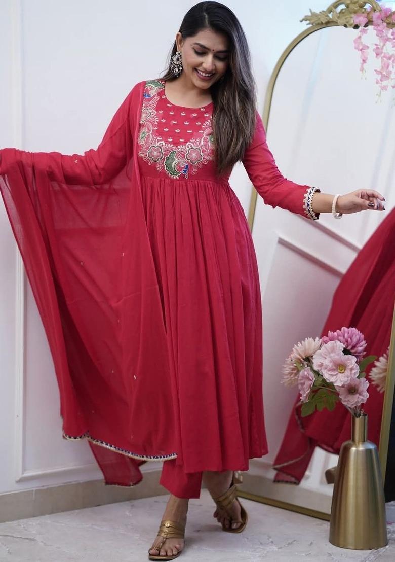 Red Embroidered Chinon Kurta Set - Indya