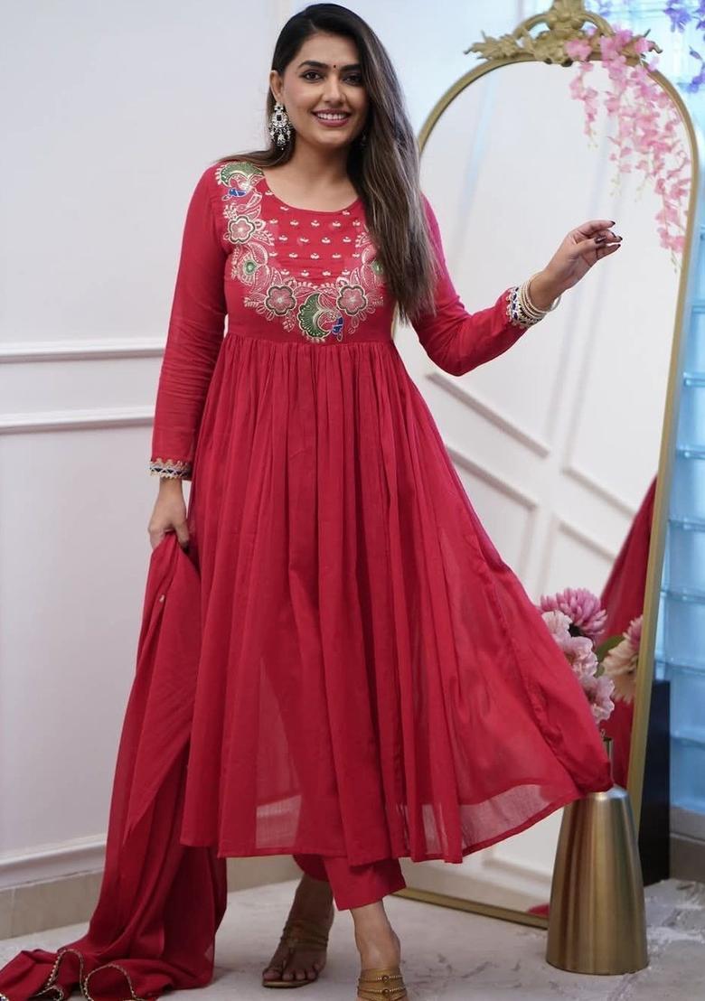 Red Embroidered Chinon Kurta Set - Indya