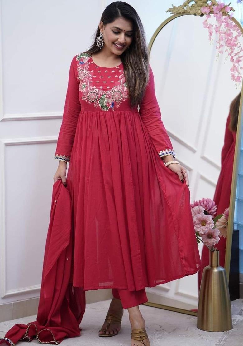 Red Embroidered Chinon Kurta Set - Indya