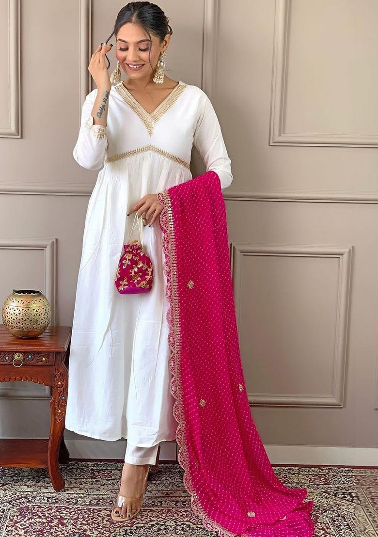 White Embroidered Silk Kurta Set - Indya