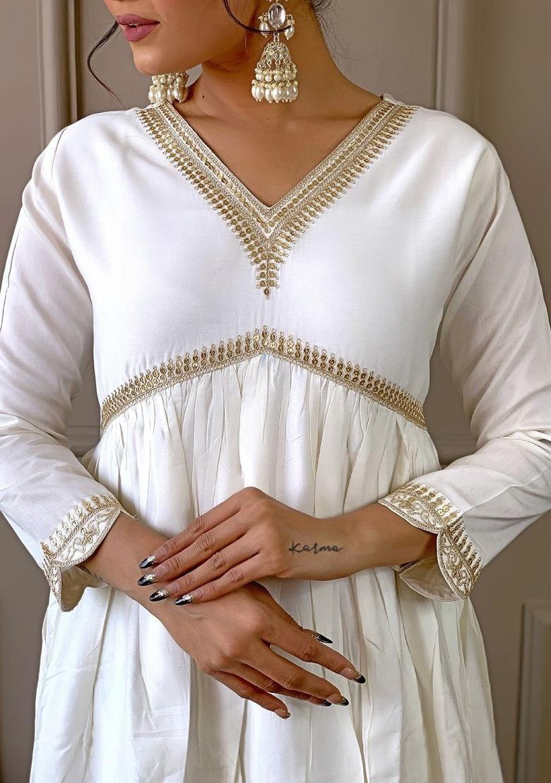 White Embroidered Silk Kurta Set - Indya