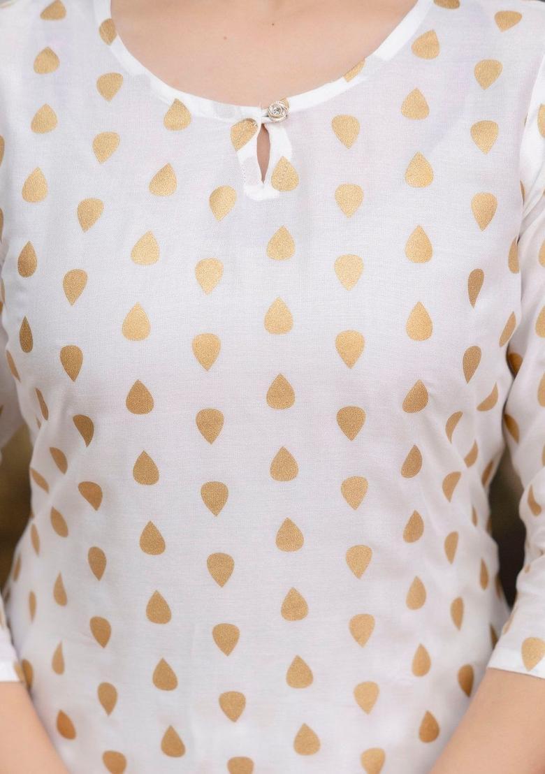 White Printed Viscose Kurta Set - Indya