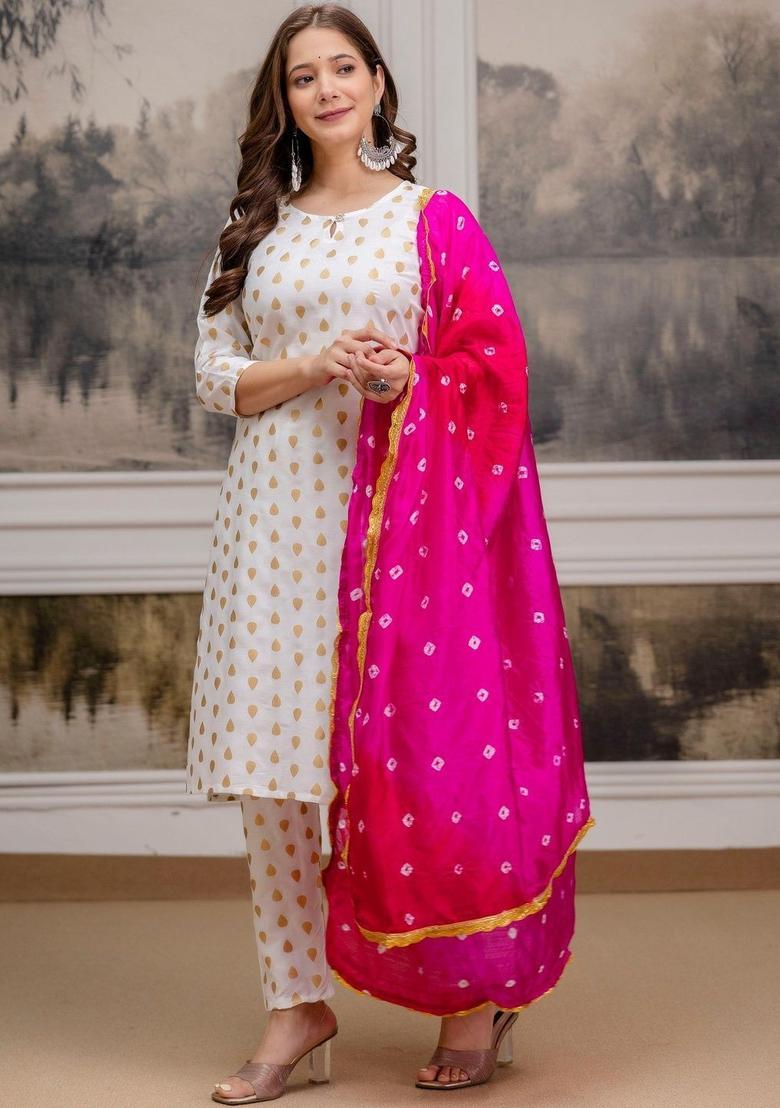 White Printed Viscose Kurta Set - Indya