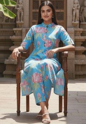 Turquoise Blue Printed Viscose Kurta Set