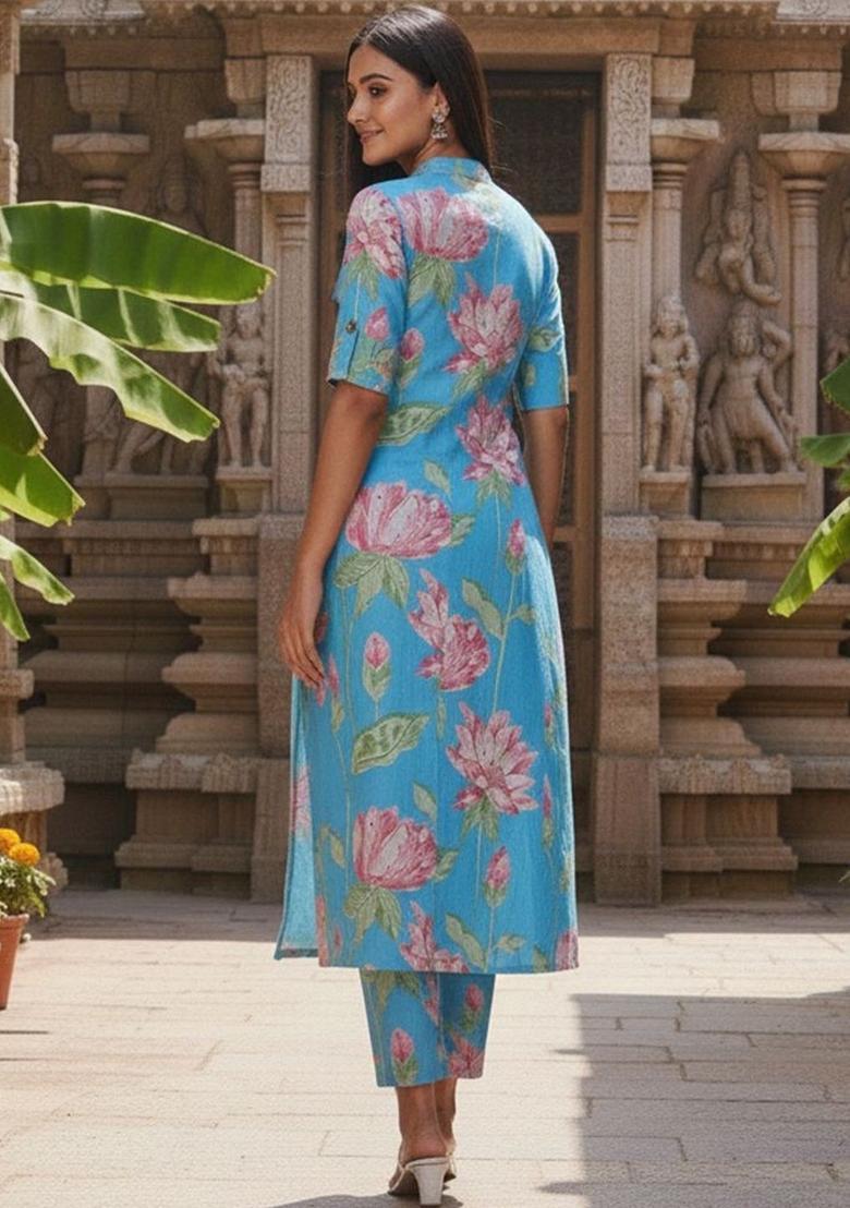 Turquoise Blue Printed Viscose Kurta Set - Indya