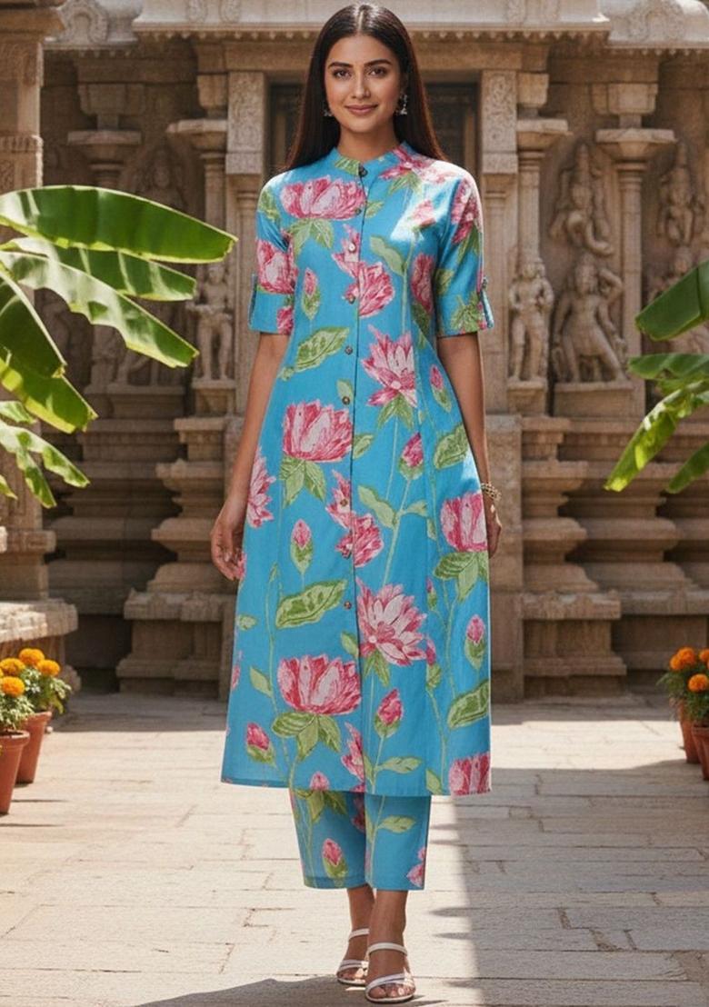 Turquoise Blue Printed Viscose Kurta Set - Indya