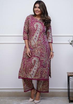 Maroon Printed Viscose Kurta Set