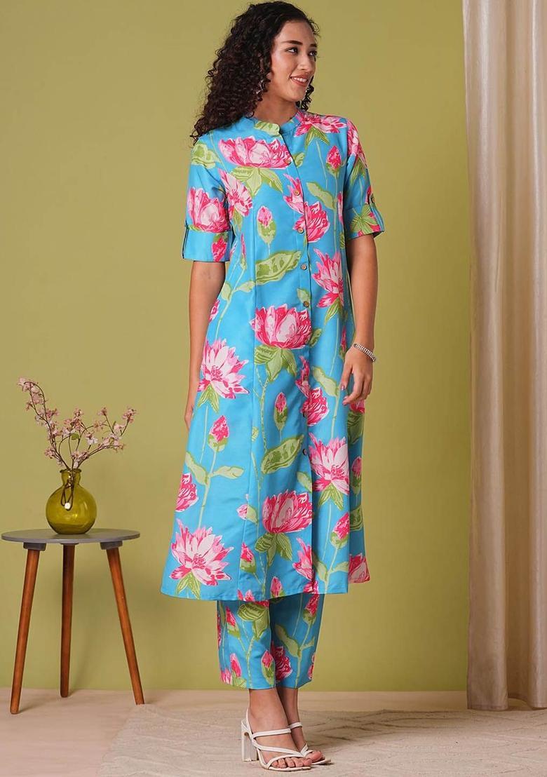 Green Printed Viscose Kurta Set - Indya