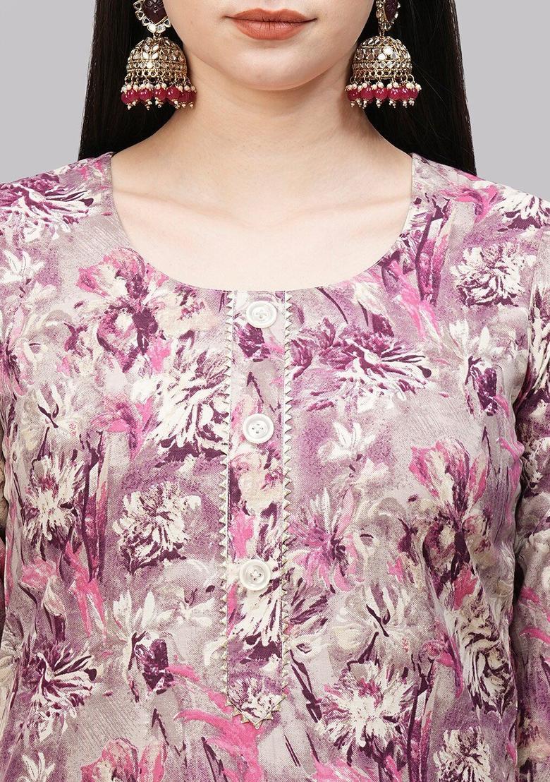 Purple Printed Cotton Kurta Set - Indya