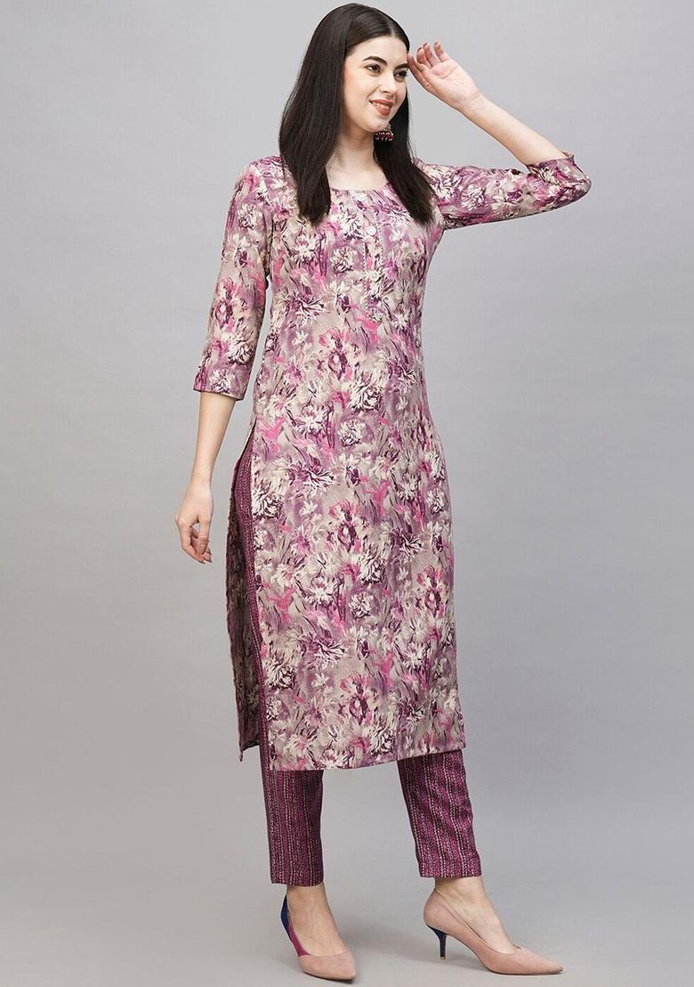 Purple Printed Cotton Kurta Set - Indya