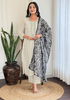 White Embroidered Viscose Kurta Set