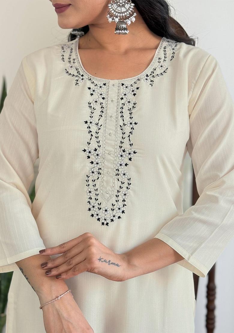 White Embroidered Viscose Kurta Set - Indya