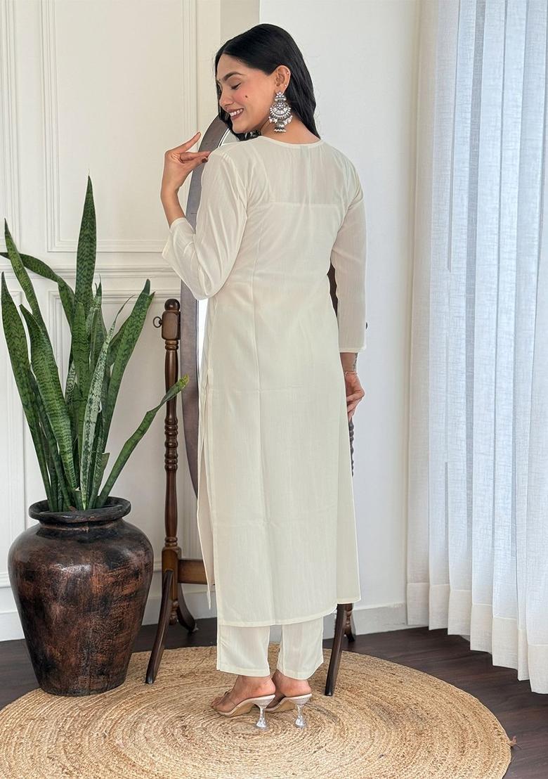 White Embroidered Viscose Kurta Set - Indya