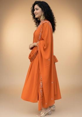 Orange Embroidered Viscose Kurta Set