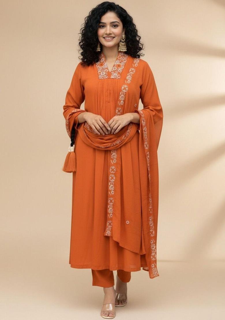 Orange Embroidered Viscose Kurta Set - Indya