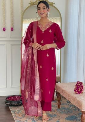 Pink Embroidered Viscose Kurta Set
