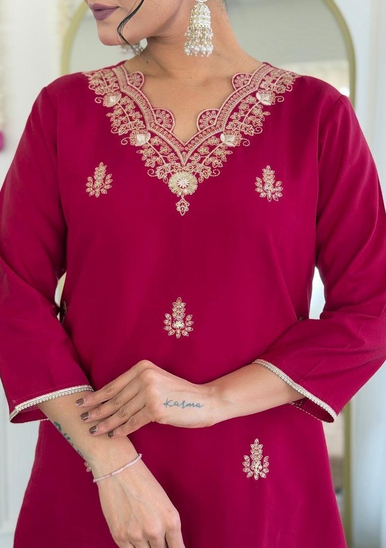 Pink Embroidered Viscose Kurta Set - Indya