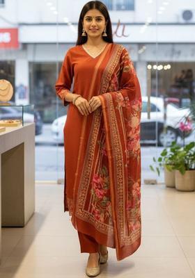 Orange Embroidered Chinon Kurta Set