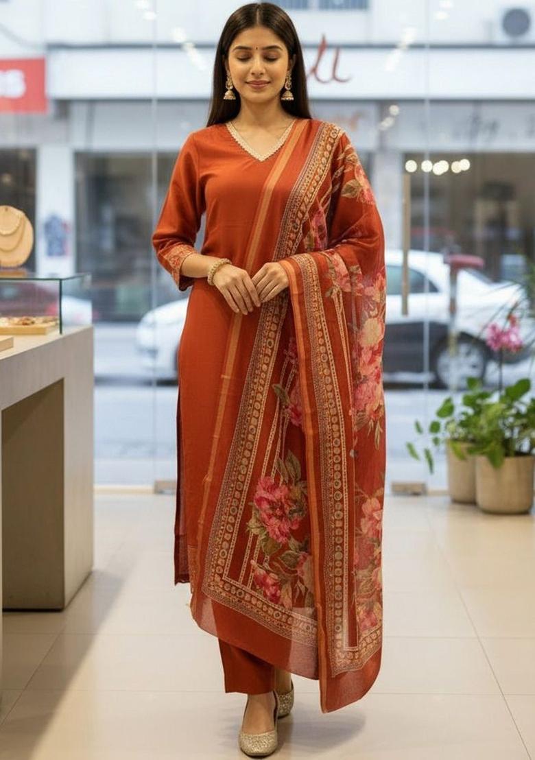 Orange Embroidered Chinon Kurta Set - Indya