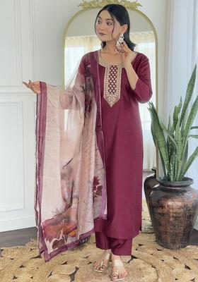 Maroon Embroidered Viscose Kurta Set
