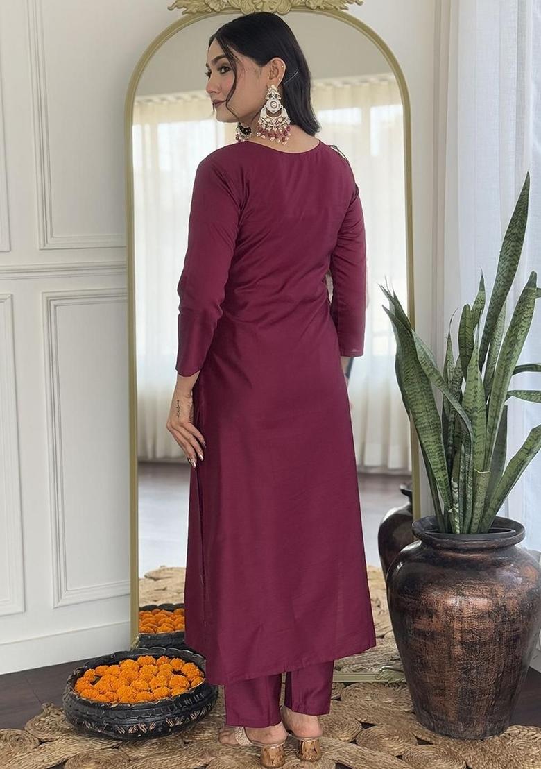 Maroon Embroidered Viscose Kurta Set - Indya