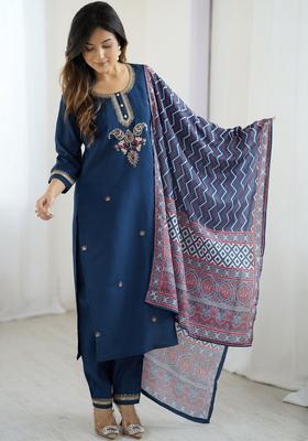 Navy Blue Embroidered Silk Kurta Set