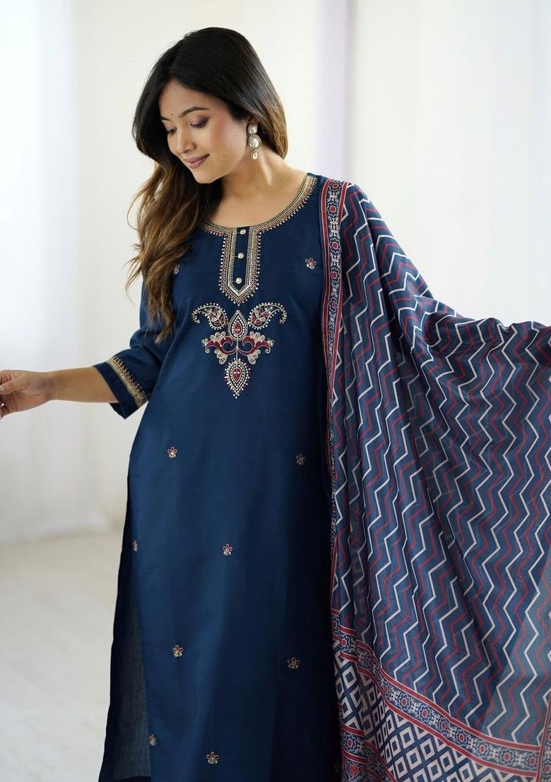 Navy Blue Embroidered Silk Kurta Set - Indya