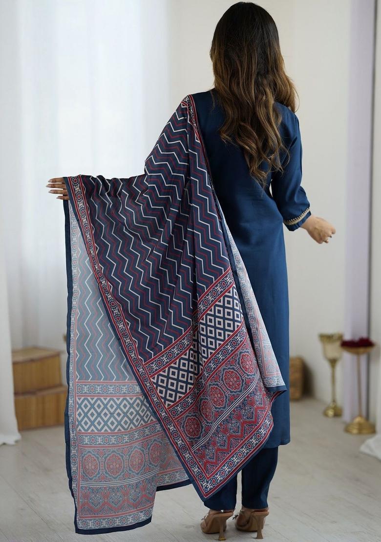 Navy Blue Embroidered Silk Kurta Set - Indya