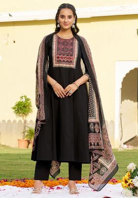 Black Printed Cotton Kurta Set