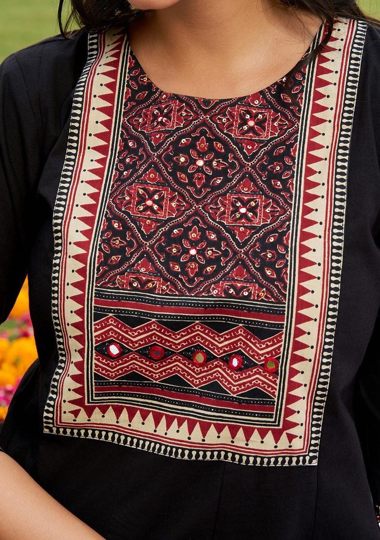 Black Printed Cotton Kurta Set - Indya