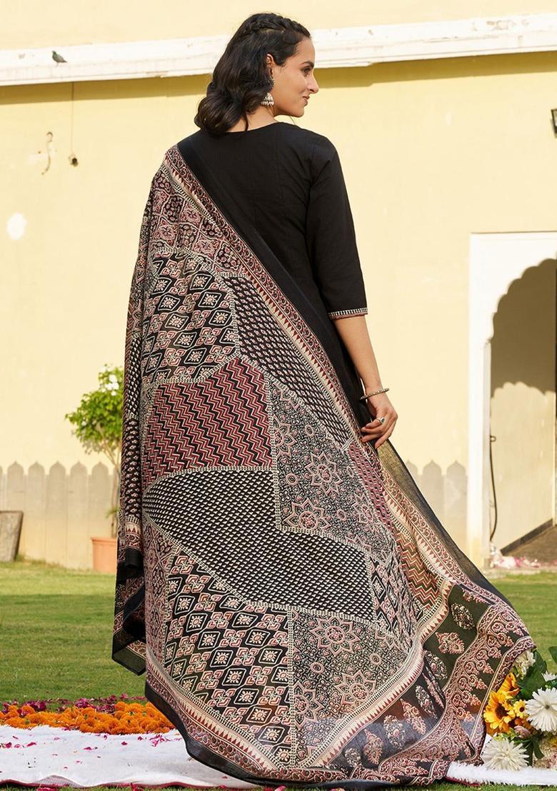 Black Printed Cotton Kurta Set - Indya