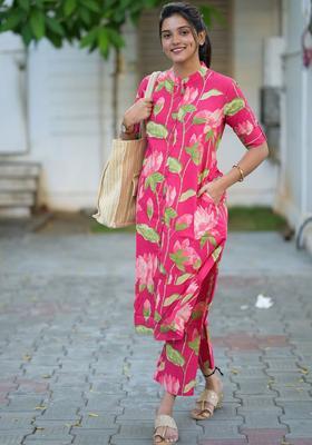 Pink Printed Viscose Kurta Set