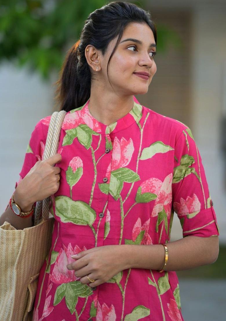 Pink Printed Viscose Kurta Set - Indya