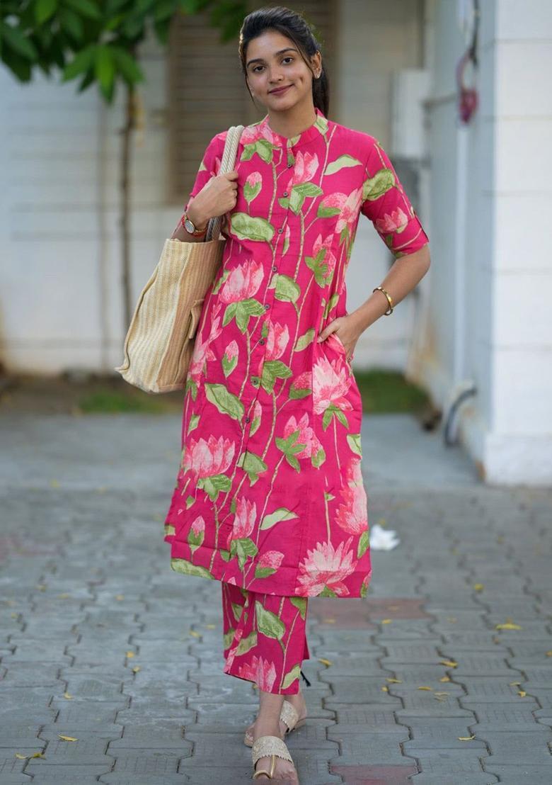 Pink Printed Viscose Kurta Set - Indya
