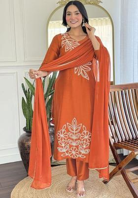 Orange Embroidered Silk Kurta Set