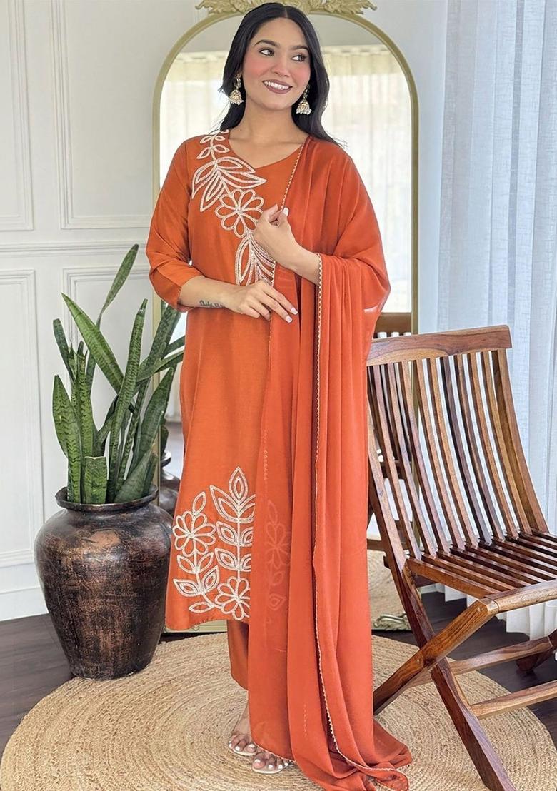 Orange Embroidered Silk Kurta Set - Indya