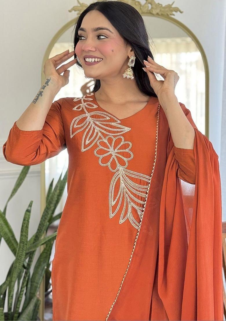 Orange Embroidered Silk Kurta Set - Indya
